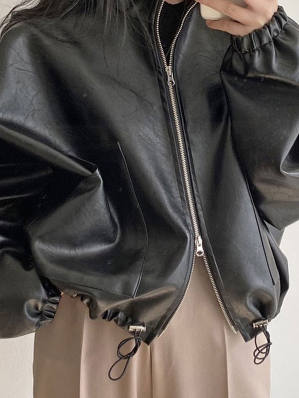 Vintage Black Leather Jacket with Drawstring and Collar Collar