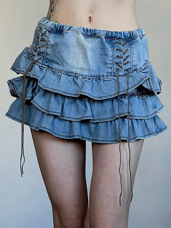 Blue Vintage Wrap High Rise Tiered Denim Mini Skirt