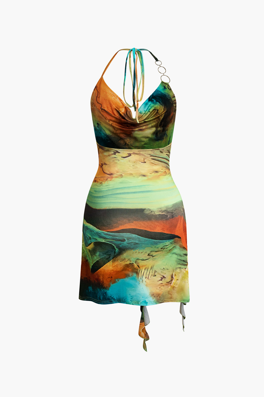 Abstract print halter neck shawl collar mini dress with slit and lacing