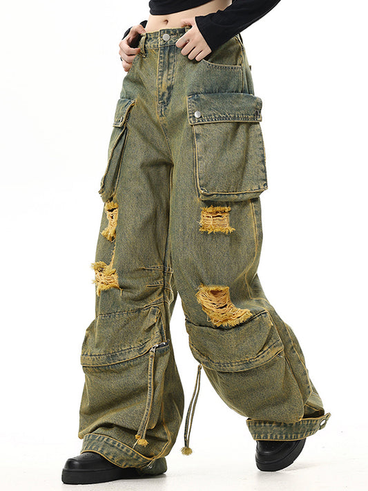 Vintage washed cargo jeans with holes