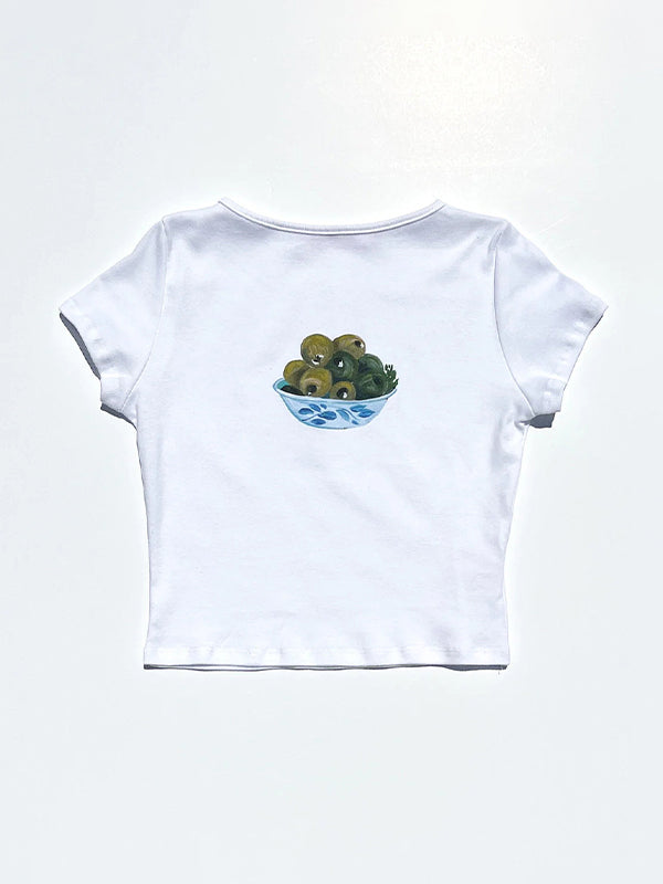 Round neck short sleeve T-shirt with fruit pattern