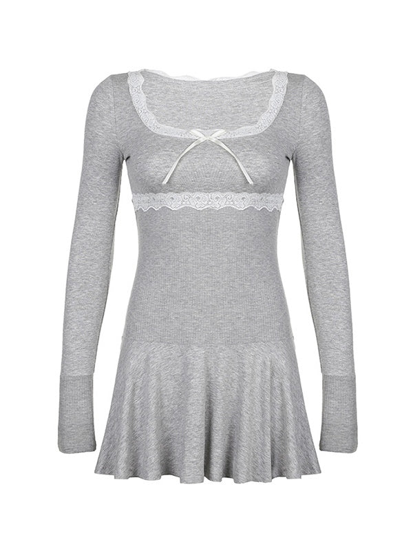 Grey Y2K mini dress with lace insert and square neckline