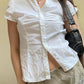 White vintage simple ruffle blouse with short sleeves and V neck