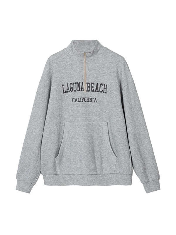 Grey vintage half zip knit sweatshirt with letter embroidery