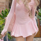 Pink Cute Ruched Ruffle Hem Long Sleeve Slim Mini Dress