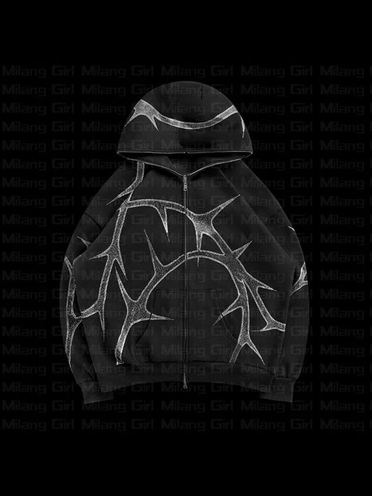 Y2K Solid Hoodie with Tree Print in Oversized Style