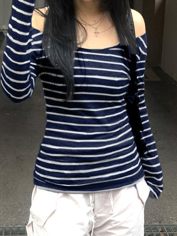 Vintage Striped One Shoulder Long Sleeve Top