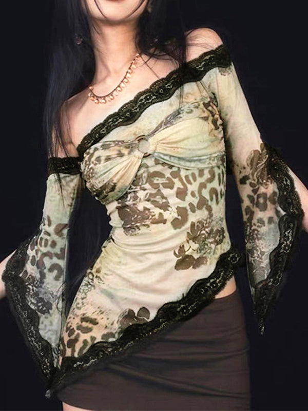 Vintage Asymmetric Leopard Print Long Sleeve Top with Lace 