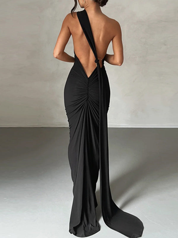 Black Vintage Backless Pleated Slim Fit Sleeveless Maxi Dress