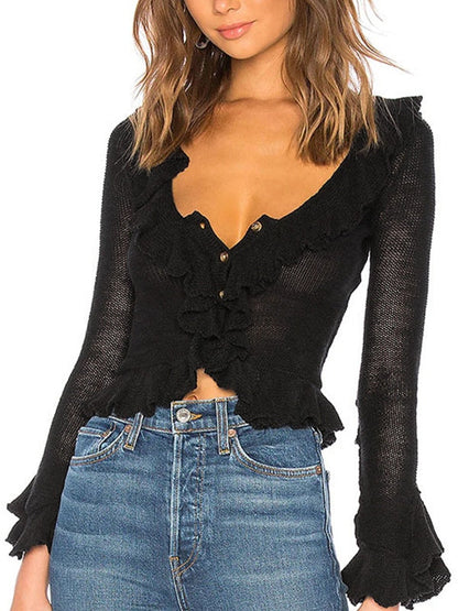 Solid color vintage V-neck ruffle long sleeve knit