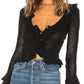 Solid color vintage V-neck ruffle long sleeve knit sweater