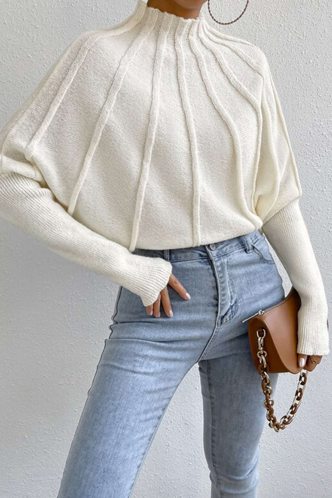 Solid Mock Neck Structured Batwing Sleeve Sweater