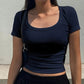 Navy Blue Y2K Crew Neck Crop Top 