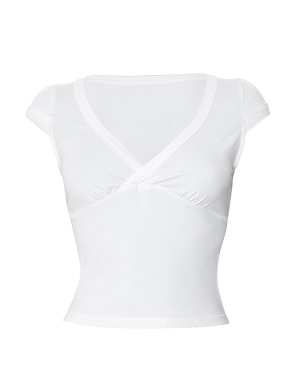 2000s White Short Sleeve V Neck Crop Top