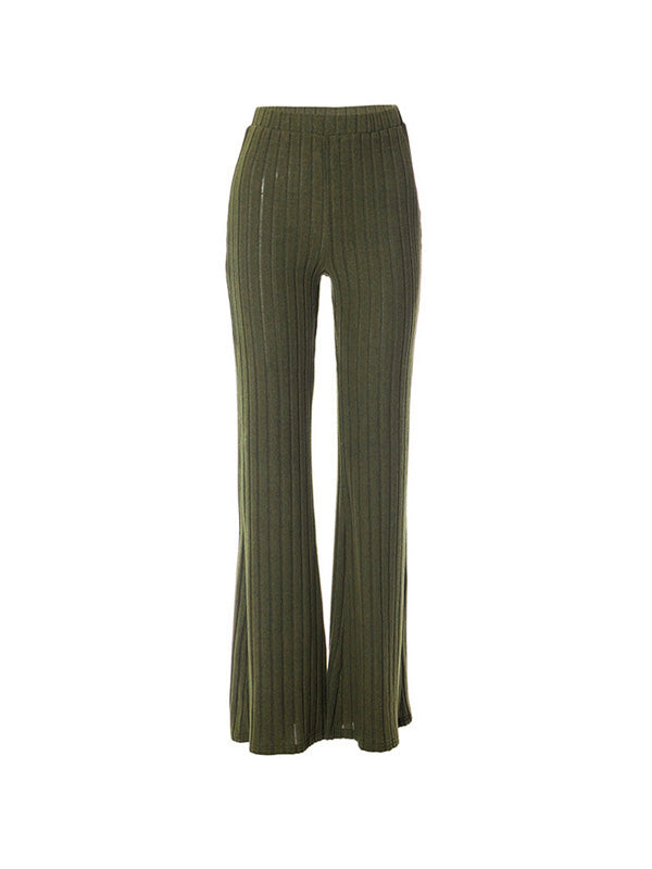 Solid color ribbed high waist flared trousers