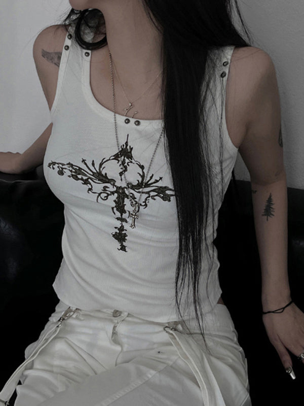 White Gothic Print Studded Tank Top