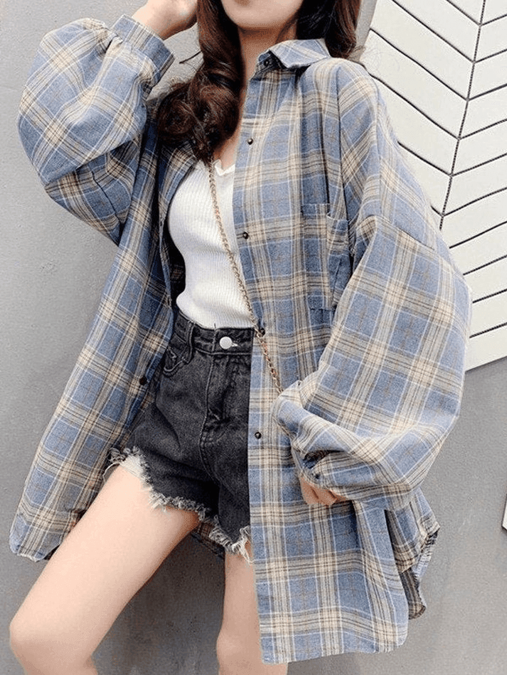 Vintage Checkered Oversize Long Sleeve Blouse with Buttons