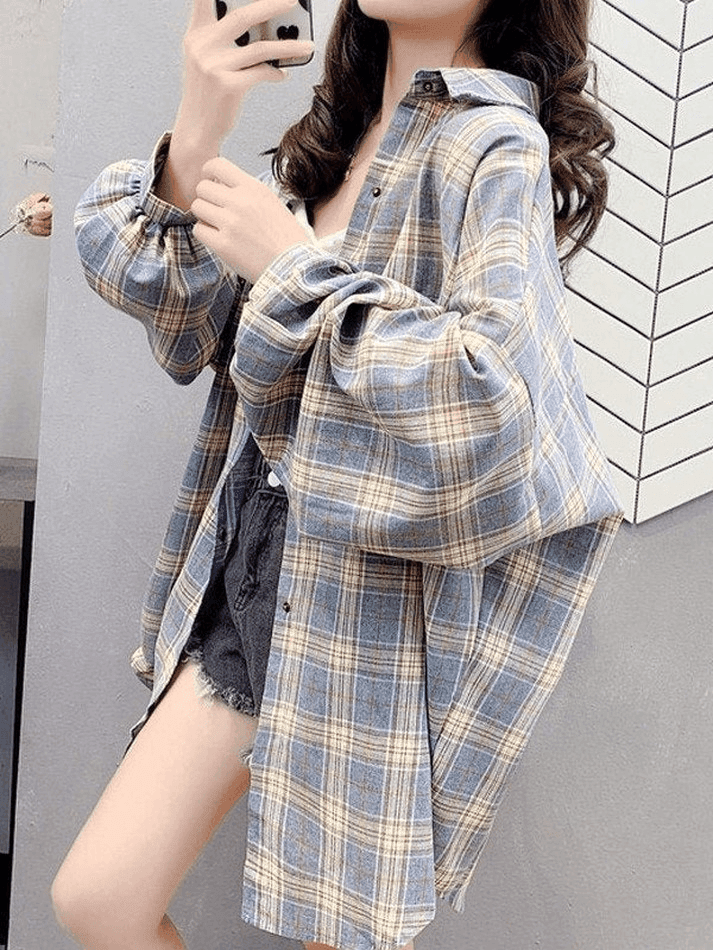 Vintage Checkered Oversize Long Sleeve Blouse with Buttons