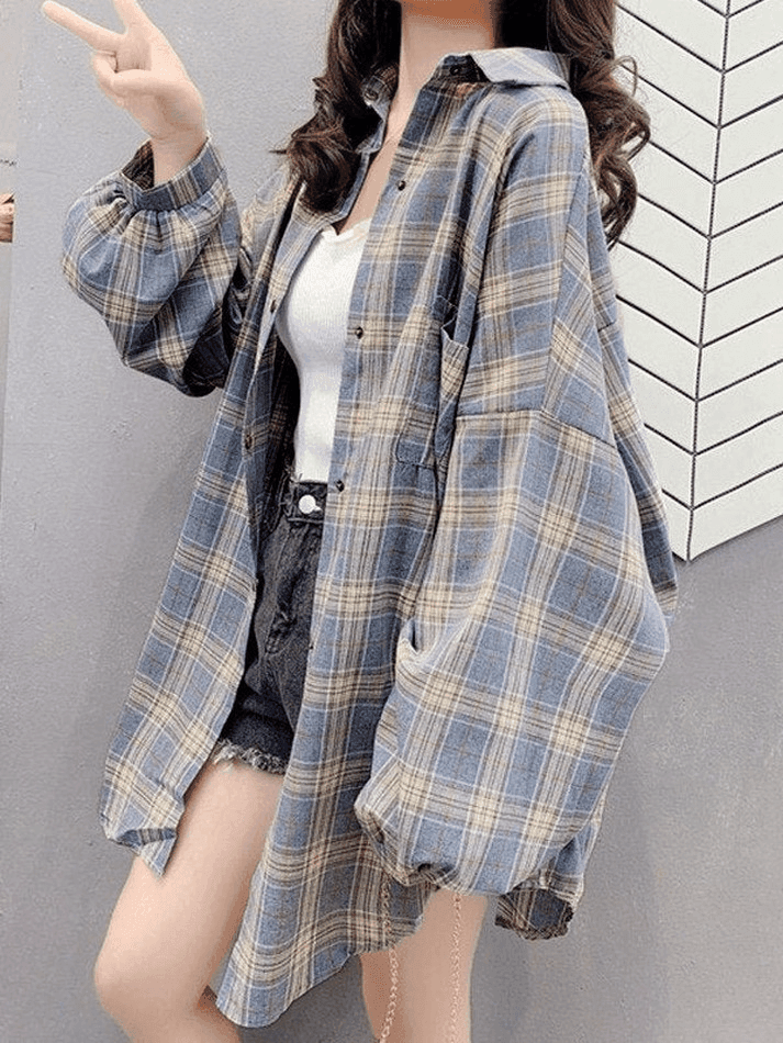 Vintage Checkered Oversize Long Sleeve Blouse with Buttons