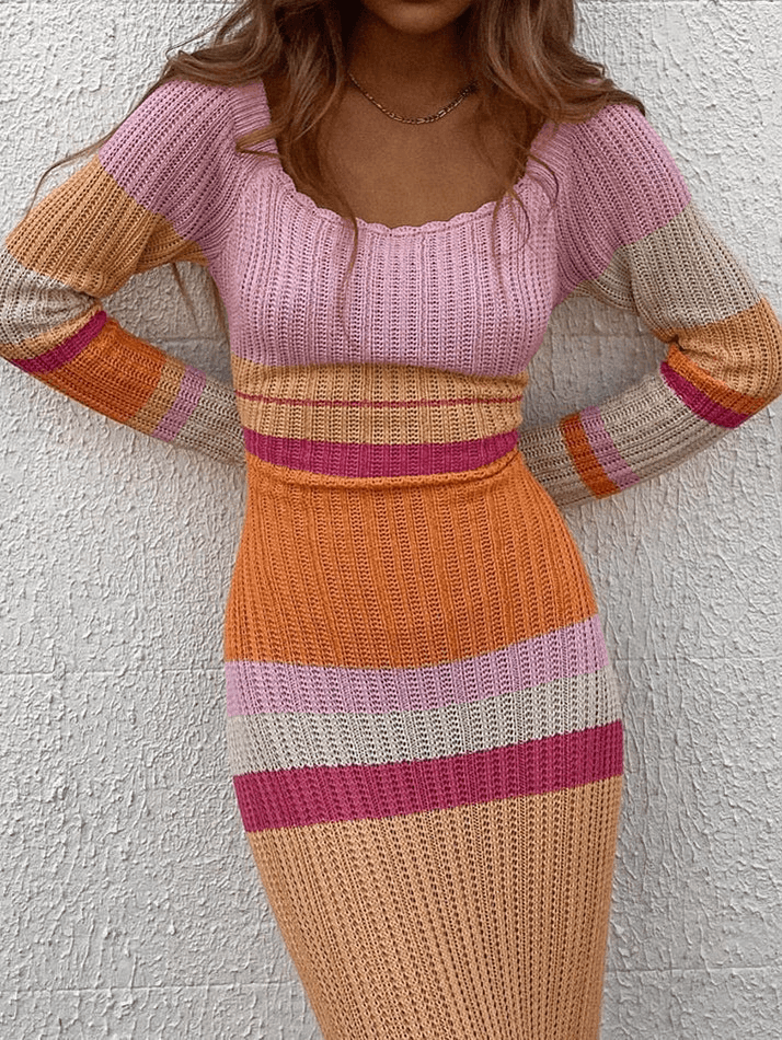 Cute Colorblock Stripe Knit Maxi Dress