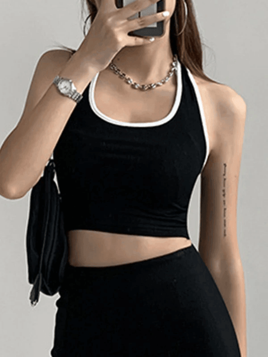 Contrast Color Vintage Trim Cropped Halter Tank Top