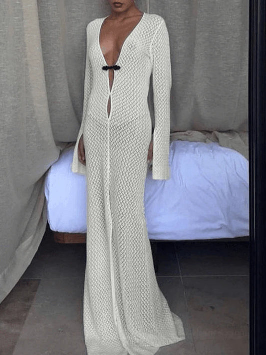 White Crochet Long Sleeve Beach Maxi Dress