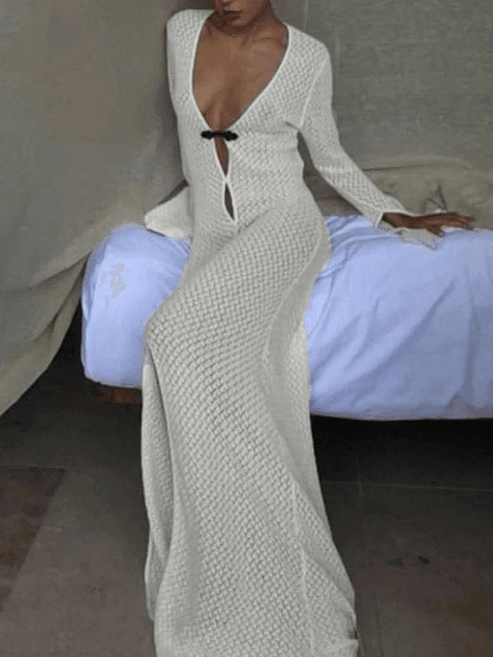 White Crochet Long Sleeve Beach Maxi Dress