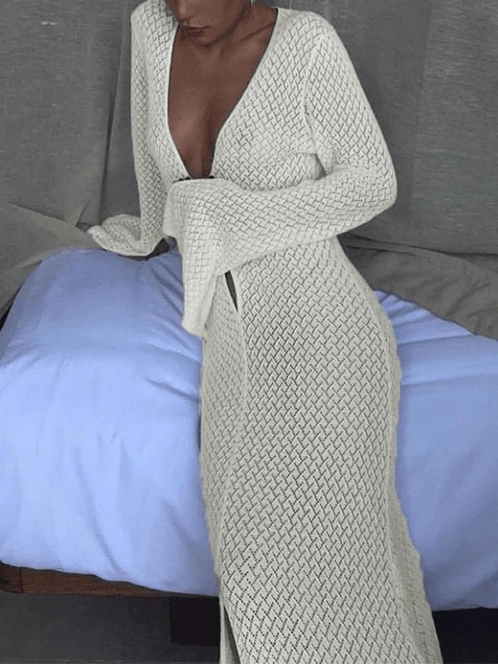 White Crochet Long Sleeve Beach Maxi Dress