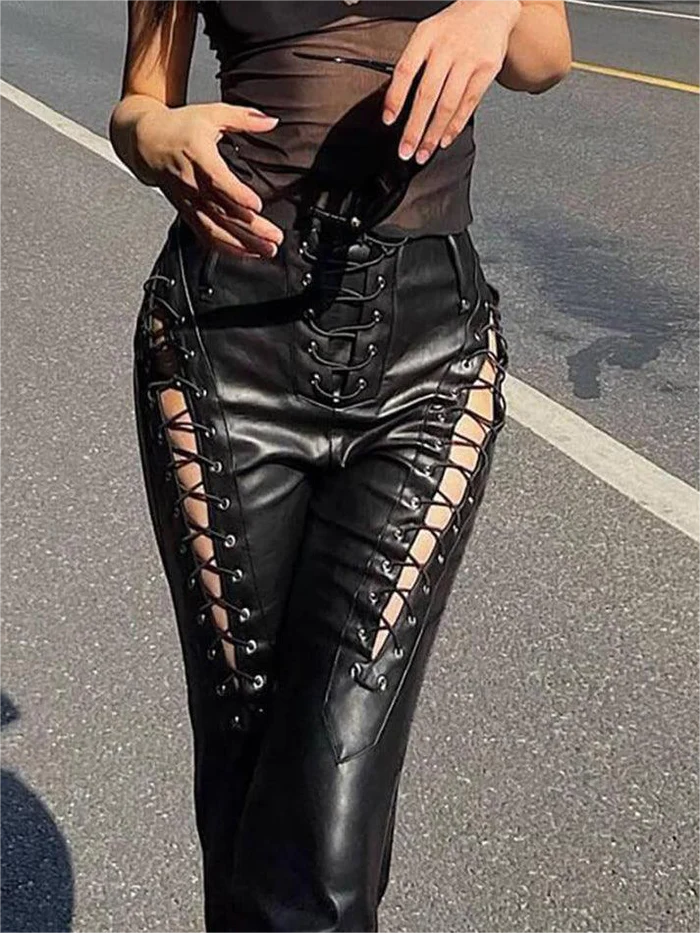 Vintage Black Faux Leather Pants with Cutout Detail