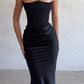 Vintage Satin Bandeau Splice Slim Maxi Dress with Corset Gathering