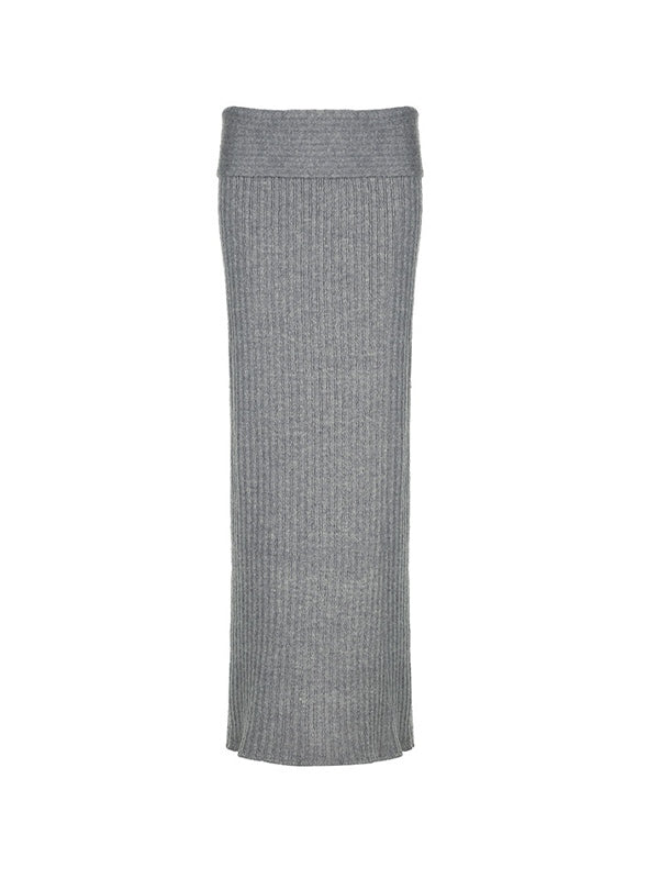 Grey Vintage Low Waist Maxi Skirt with Folded Waistband