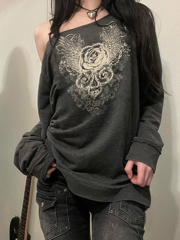 Classic Grey Sweatshirt with Niche Design and Vintage Rose