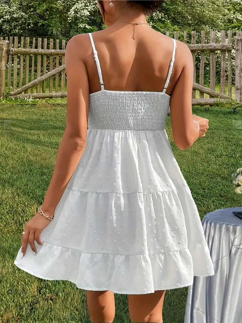 White Vintage Dot Ruffle Hem Dress