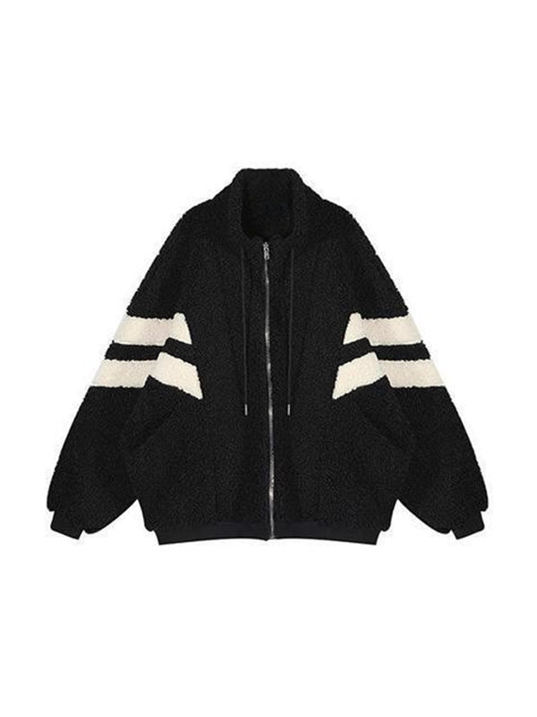 Black vintage oversize jacket made of imitation lambskin with stripes