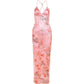 Pink Vintage Irregular Halter Backless Wrap Hip Midi Dress with Print