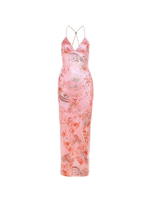 Pink Vintage Irregular Halter Backless Wrap Hip Midi Dress with Print