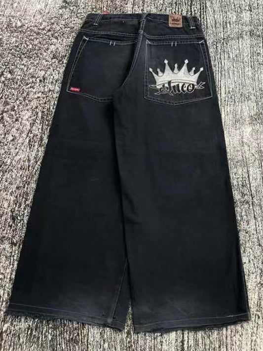 Schwarze 2000s Jahre Print Boyfriend Jeans