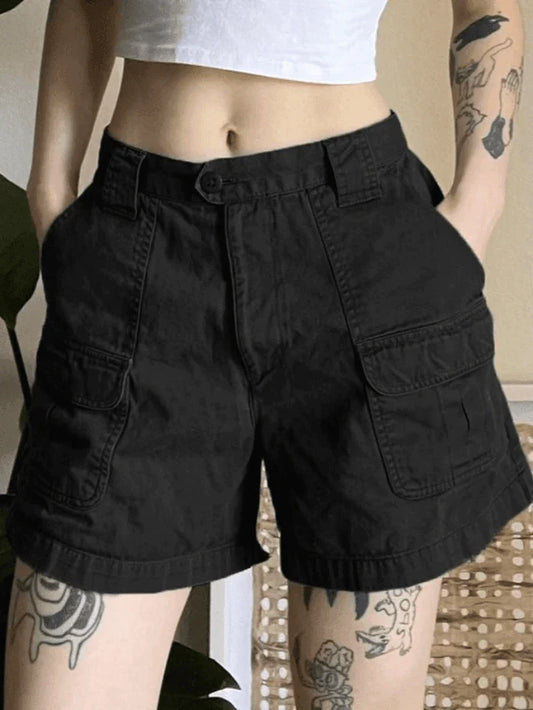 Solid Color Vintage Denim Cargo Shorts with Straight Leg