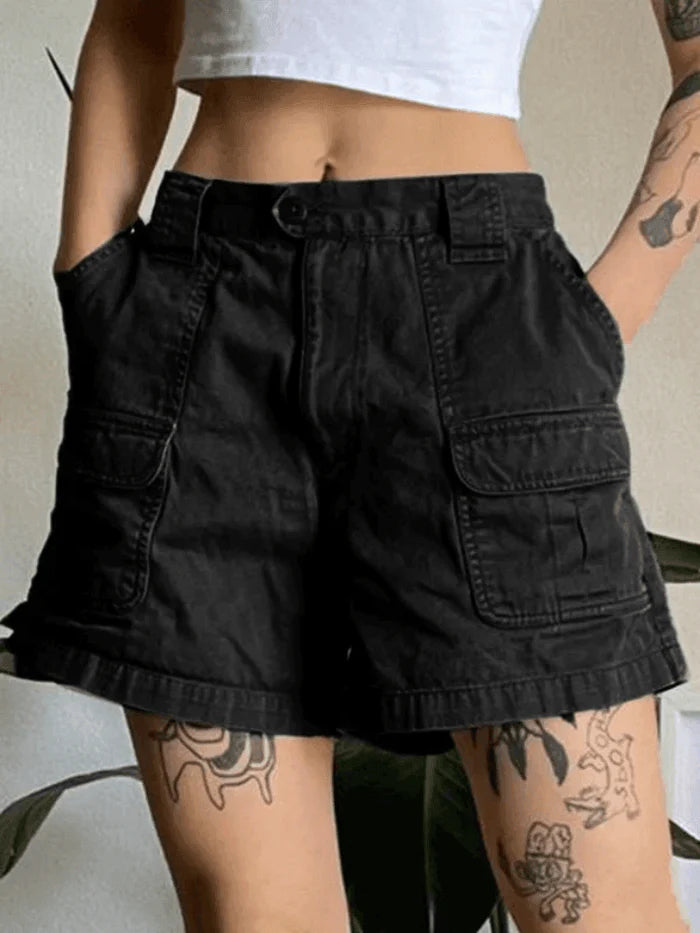 Solid Color Vintage Denim Cargo Shorts with Straight Leg