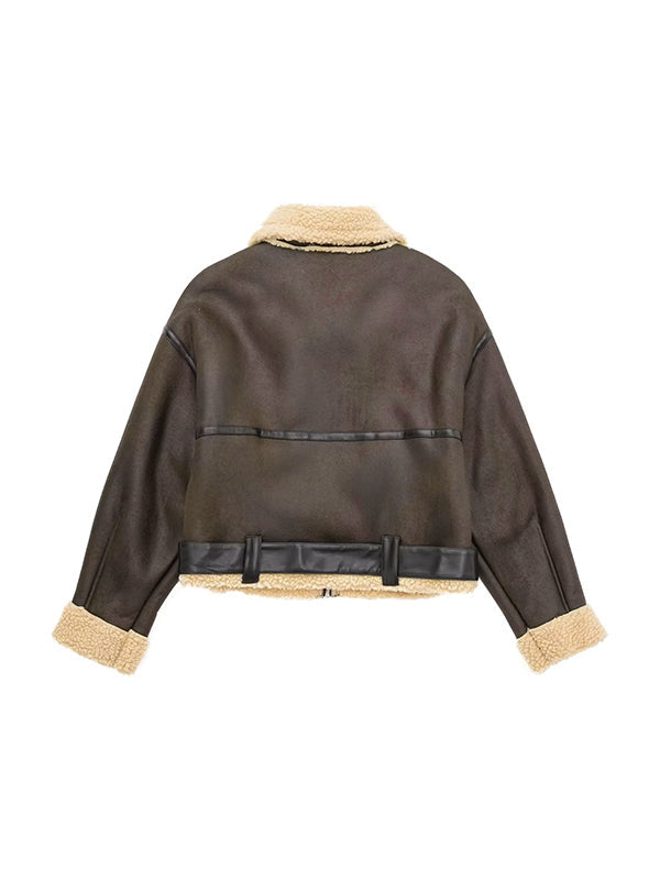 Classic brown leather jacket with lambswool lining and leather splice in short cut 