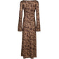 Brown Classic Print Maxi Dress with Trumpet Sleeves