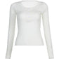 White basic rib knit top with button placket and long sleeves