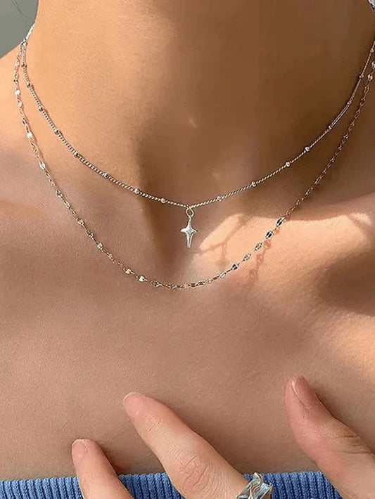 Silver Y2K Double Layer Star Pendant Necklace