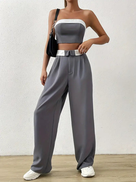 Contrast Color Vintage Off Shoulder Bandeau Top &amp; Pants Two Piece Set 