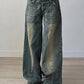 JY Punk Distressed Irregular Dividing Line Baggy Jeans/ Punk Ripped Asymmetric Dividing Line Baggy Jeans