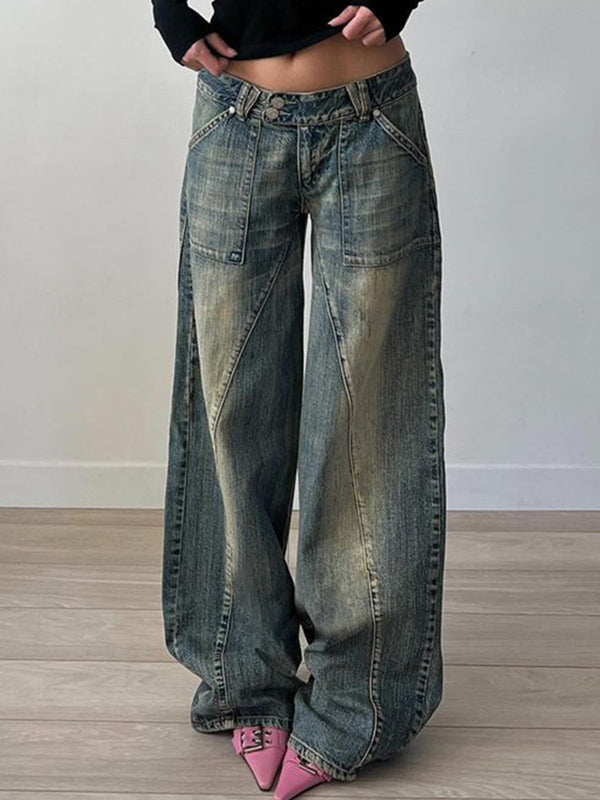 JY Punk Distressed Irregular Dividing Line Baggy Jeans/ Punk Ripped Asymmetric Dividing Line Baggy Jeans