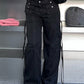 Black Hip Hop Low Waist Cargo Pants with Pockets and Ribbons