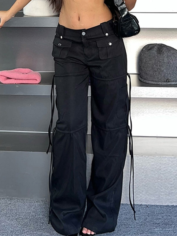 Black Hip Hop Low Waist Cargo Pants with Pockets and Ribbons