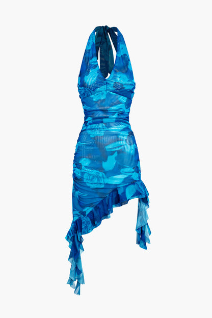 Blue Vintage Tie Dye Mesh Gathered Halter Ruffle Backless Mini Dress