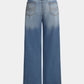 Light wash blue vintage denim high waisted straight leg jeans with button closure 